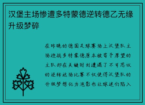 汉堡主场惨遭多特蒙德逆转德乙无缘升级梦碎